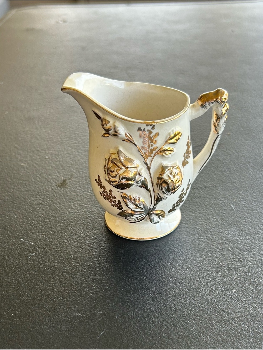 Elegant Cream and Gold Floral Ceramic Pitcher - Decorative Home Art “Size-Small”